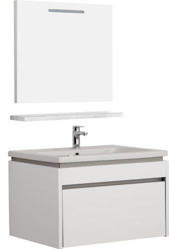 Badmöbel Set 90cm mit Waschtisch und Wandspiegel mit Ablage Badmöbel Set in Weiß Glänzend IDEA