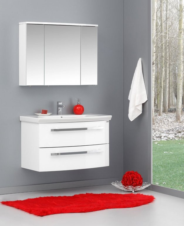 Badmöbel Schrank Unterschrank Waschbecken Spiegelschrank 90x51cm Weiß Glänzend Kreaurla