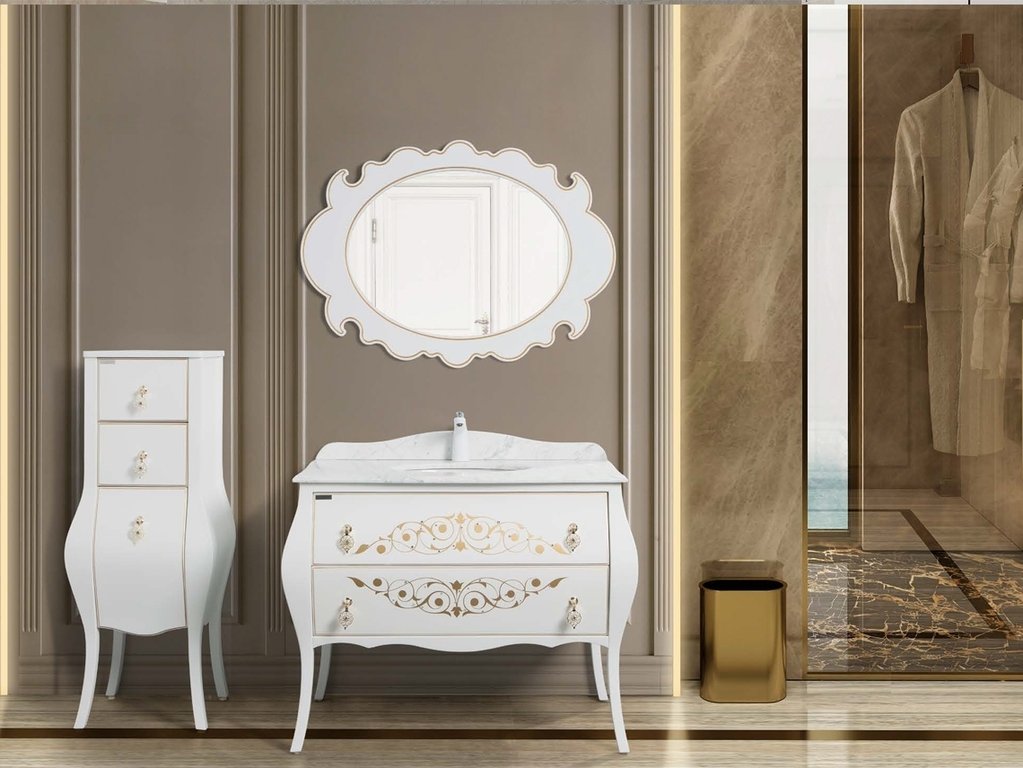 Badmöbel Unterschrank mit Waschbecken und Spiegel + Marmor Ablage Retro 110cm x 62 cm weiss Elvita