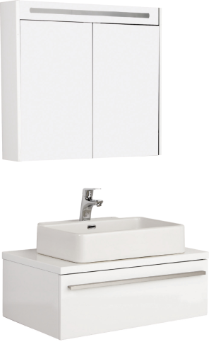 Badmöbel Set Badezimmer Unterschrank 65cm mit Waschbecken und Spiegelschrank 65cm Flat in Weiß