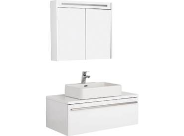 Badmöbel Set Badezimmer Unterschrank 100x50cm mit Waschbecken und Spiegelschrank 80cm in Weiß FLAT