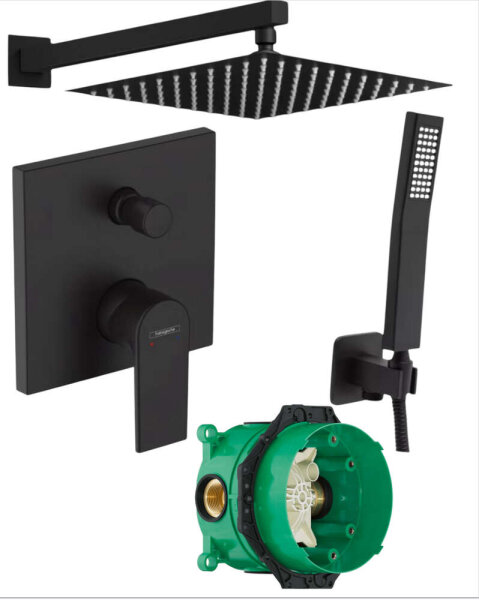 HANS GROHE Ibox 1 Set Vernis Shape Schwarz+ Kreabad Regendusche+Brausearm, Wandhalter Handbraue