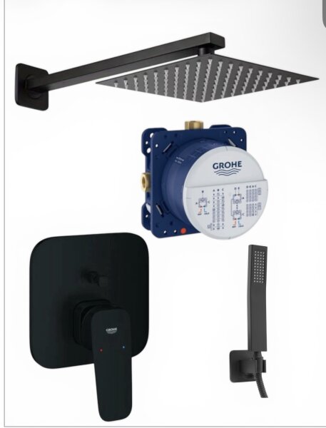 GROHE UP-Grundkörper + GROHE Cubeo Schwarz Mat + Kreabad Kopfbrause Set 30x30´+ Kreabad Handbraus Set Schwarz Mattt