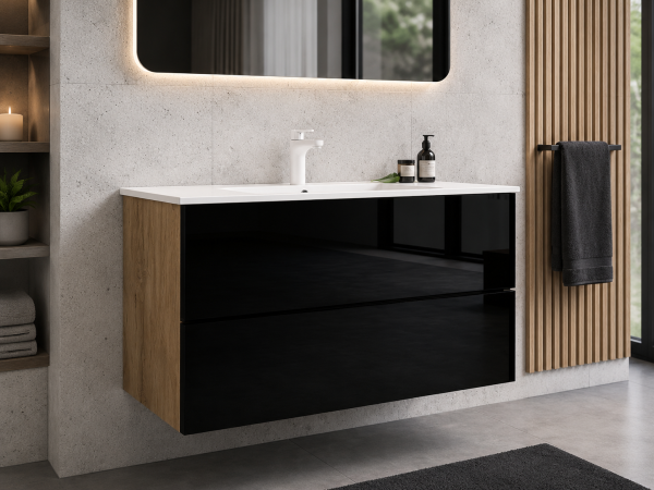 Badezimmer Möbel Badmöbel 100 x 50 cm Designer Badmöbel Schrank mit Keramik Waschbecken und Spiegel Front Schwarz