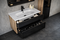 Badezimmer Möbel Badmöbel 100 x 50 cm Designer Badmöbel Schrank mit Keramik Waschbecken und Spiegel Front Schwarz