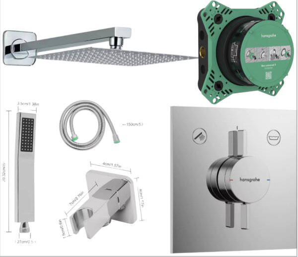 HANSGROHE DUO TURN E + Kreabad Duschset Regendusche 30cm, Brausearm, Wandhalter mit Handbrause Set, Brauseset verchromt