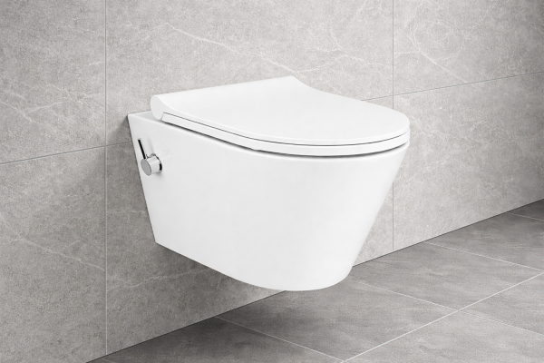 WC Spülrandlos Kurzform Wand Hänge WC Taharet Dusch-WC Toilette Softclose inkl . Armatur warm+kalt Anschluss 49 cm Kurzform Bidet-funktion Kreabad