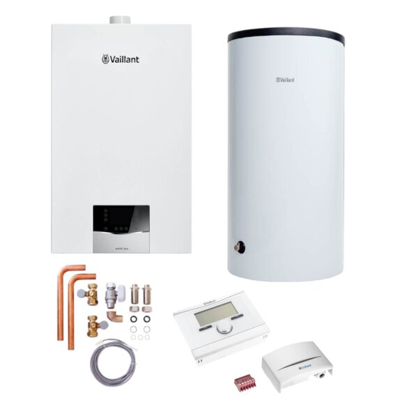 Vaillant Paket Gas-Wandheizgerät ecoTEC plus VC 20 CS/1-5, Warmwasserspeicher uniSTOR 200L+ VC-Installations-Set + Heizungsregler multiMATIC