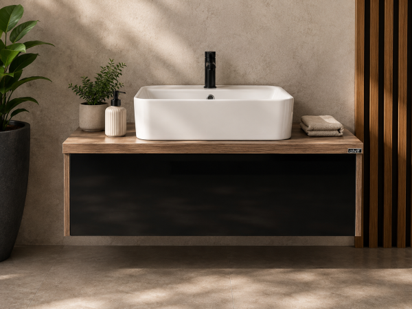 Bad Unterschrank „Ross“ 100 cm – Schwarz / Holzoptik – MDF – 100×50×34 cm – Ohne Zubehör