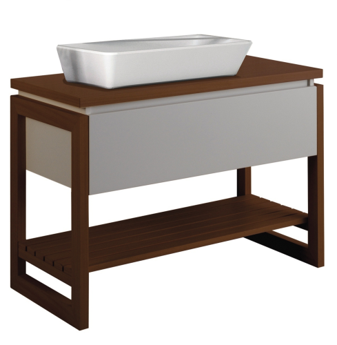 Badmöbel Unterschrank Teak & Weiss Matt 90cm mit Aufsatzwaschbecken Nordic