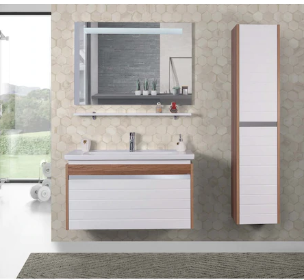 Delta Badmöbel Unterschrank mit Keramik Waschbecken + Spiegelschrank 100x45 Farbe Riva + Weiss