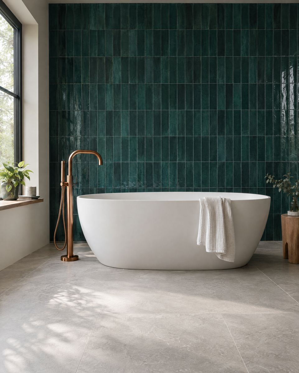 Modernes Badezimmer mit freistehender Badewanne, kupferfarbener Standarmatur und petrolfarbenen Wandfliesen
